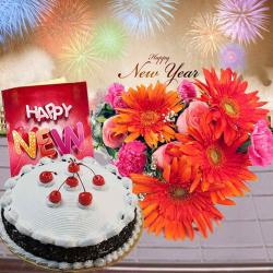 New Year Gifts Citywise - Black Forest Cake with 12 Mix Flowers and New Year Card