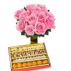 Onam - Pink Roses Bouquet and Sweets