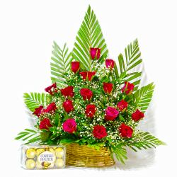 Flower Hampers for Her - Basket Arrangement of Red Roses with Ferrero Rocher Chocolate Box