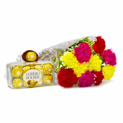 Flower Hampers for Her - 10 Assorted Carnation Bunch with Ferrero Rocher Imported Chocolate Box