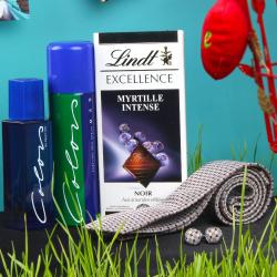 Valentine Romantic Hampers For Him - Lindt Excellence Chocolate with Benetton Frangrance and Micro Jacquard Tie Cufflinks