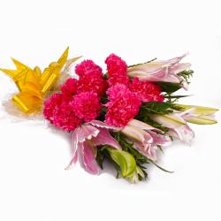 Send Fifteen Pink Carnations and Lilies Bouquet To Noida