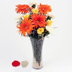 Bhai Dooj Gift Hampers - 12 Mix Flowers in a Vase for Bhai Dooj