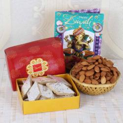 Diwali Express Gifts Delivery - Kaju Katli Box with Diwali Greeting Card and Almond Basket