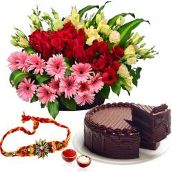 Rakhi With Chocolates - Basket of Flowers and Cake with Rakhi