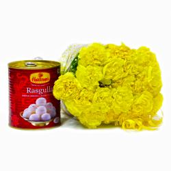 Send Bouquet of Twenty Yellow Carnations with Tempting Rasgullas To Kottayam