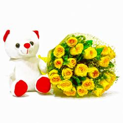 Flowers with Soft Toy - Twenty Yellow Roses with Cute Teddy Bear