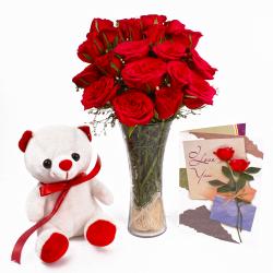 Cakes with Greeting Cards - Cute Teddy with Red Roses Vase and Greeting Card Combo