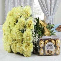 Anniversary Gifts for Elderly Couples - Yellow Carnations Bouquet with Ferrero Rocher Chocolates