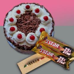 Send Rakhi Gift Rakhi Black Forest Cake with 5 Star Chocolate To Hyderabad