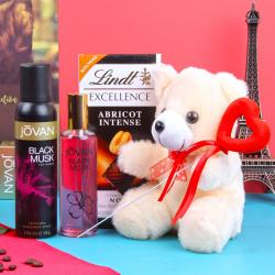 Send Bhai Dooj Gift Lindt Chocolates Teddy Bear with Jovan Black Musk Perfum and Deodorant for Women To Rajsamand