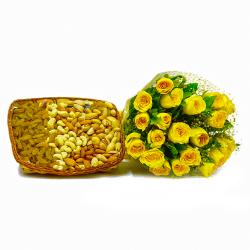 Send Flowers Gift Friendship Yellow Roses Bouquet with Assorted Dry fruits To Kupwara
