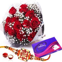 Rakhi With Flowers - Cadbury Celebration Chocolates Pack and Roses with Rakhi