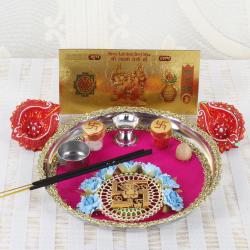 Diwali Pooja Thali - Swastika Diwali Thali and Earthen Diya with Gold Plated Lakshmi Note