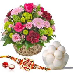 Rakhi With Flowers - Rasgulla and Rakhi with Fresh Flowers