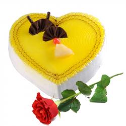 Valentine Heart Shaped Cakes - Single Rose with Heart Shape Pineapple Cake