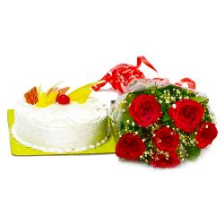 Flowers with Cake - Pineapple Cake with Red Roses Bunch