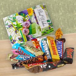 Good Luck Gifts - Tiny Laughing Buddha and Best wishes Card with Imported Assorted Chocolates.
