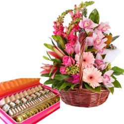 Dhanteras - Pinky Floral Basket with Sweets