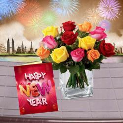 New Year Flowers - Roses in a Vase with New Year Greeting Card