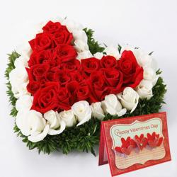 Valentine Heart Shaped Rose Arrangements - Red and White Roses Heart with Valentine Greeting Card