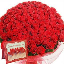Valentine Flowers with Greeting Cards - Valentine Day Special of Hundred Red Roses with Greeting Card