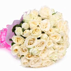 Condolence Flowers - Fifty White Roses Bunch with Tissue Packing
