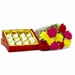 Bhai Dooj Return Gifts for Sister - Kaju Barfi with Bouquet of 10 Mix Carnations