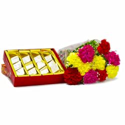 Send Kaju Barfi with Bouquet of 10 Mix Carnations To Noida