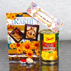 Rakhi With Cards - Sweet Rajbhog Sweet with Rakhi