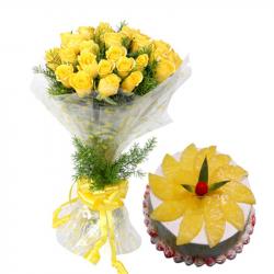 Valentines Eggless Cakes - Special Love Whisper with Yellow Roses and Eggless Pineapple Cake