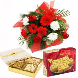 Send Diwali Gift Flowers Bouquet with Soan Papdi and Dryfruits Box To Eluru
