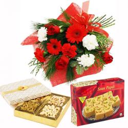 Send Diwali Gift Flowers Bouquet with Soan Papdi and Dryfruits Box To Jalandhar