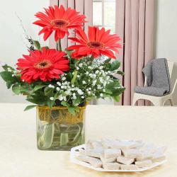 Flowers with Sweets - Kaju Katli Sweet and Red Gerberas Arrangement