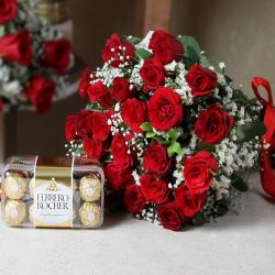Birthday Chocolates - Ferrero Rocher with Red Roses Bouquet