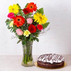 Anniversary Exclusive Gift Hampers - Chocolate Cake with Fifteen Assorted Flowers Vase