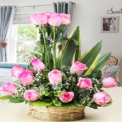 House Warming Gifts for Friends - Delightful Arrangement of Pink Roses in Basket