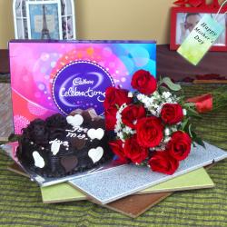 Mothers Day Gifts to Surat - Heartshape Cake with Roses Bouquet and Cadbury Celebration Chocolate Pack