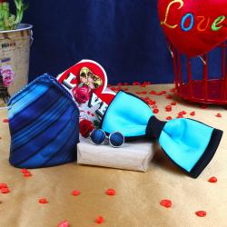 Wedding Gift Hampers - Shaded Blue Strips Cufflink Handkerchief with Panel Bow and Love Card