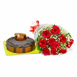 Flowers and Cake for Her - Bouquet of Ten Red Roses and Half Kg Chocolate Cake