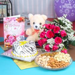 Flowers with Soft Toy - Birthday Roses and Cake Hamper