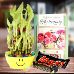 Send Good Luck Bamboo Plant, Mars Chocolate with Anniversary Card. To Agra