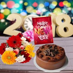 Send New Year Gift Mix Flowers Bouquet with Chocolate Truffle Cake and New Year Card To Faridabad