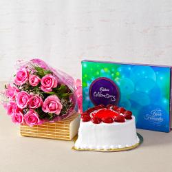 Send Bhai Dooj Gift Treat of Strawberry Cake with Pink Roses and Chocolates To Rajsamand