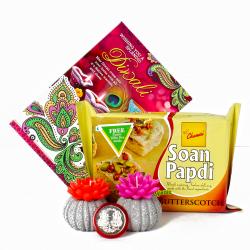 Diwali Greeting Cards - Diwali Hamper with Wax Candles and Soan Papdi