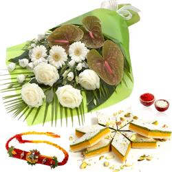 Rakhi With Flowers - White Flowers Bouquet and Kaju Katli with Rakhi