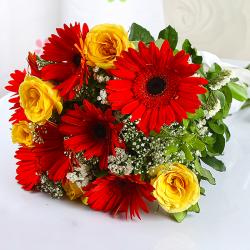 House Warming Flowers - Bouquet of Dozen Red Gerberas and Yellow Roses