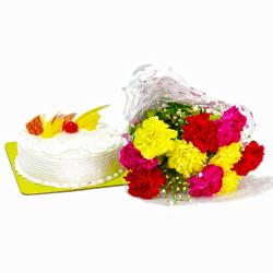 Flowers and Cake for Him - Bunch of Mix Color Carnations with Pineapple Cake