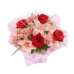 Lilies - Bouquet of Red Roses with Pink Flowers