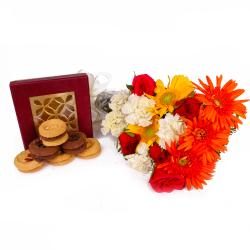 Rakhi with Cookies - Combo of Fresh Seasonal Flowers with Assorted Cookies